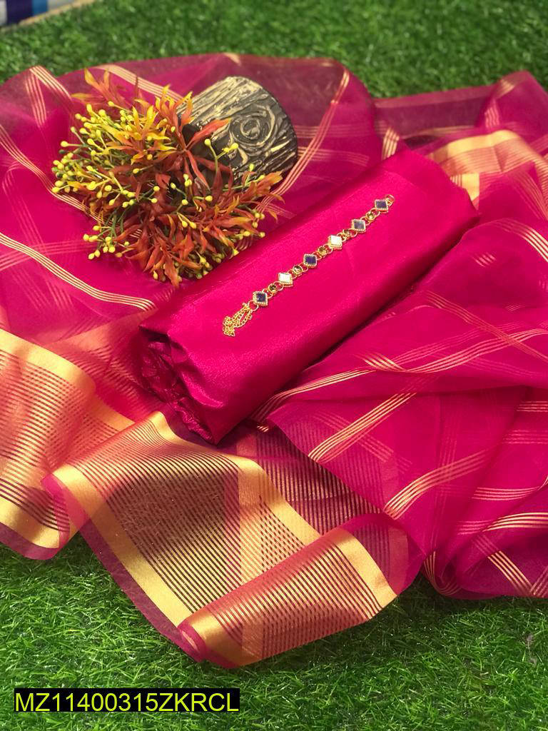 Women's Magenta Katan 3 Pc Unstitched Suit with Organza Dupatta