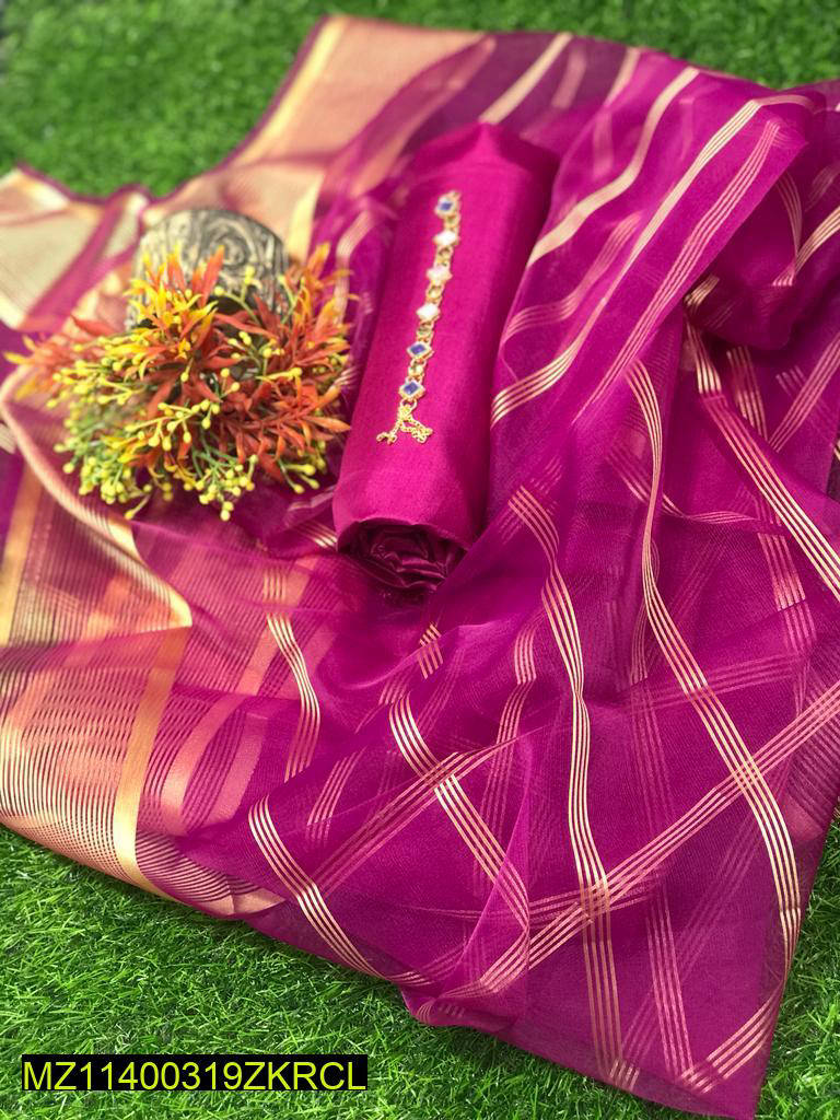 Women's Magenta Katan 3 Pc Unstitched Suit with Organza Dupatta