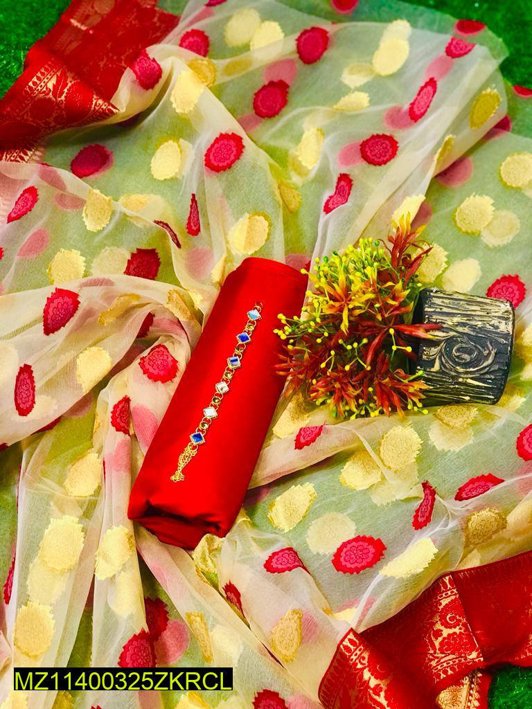 Women's Magenta Katan 3 Pc Unstitched Suit with Organza Dupatta