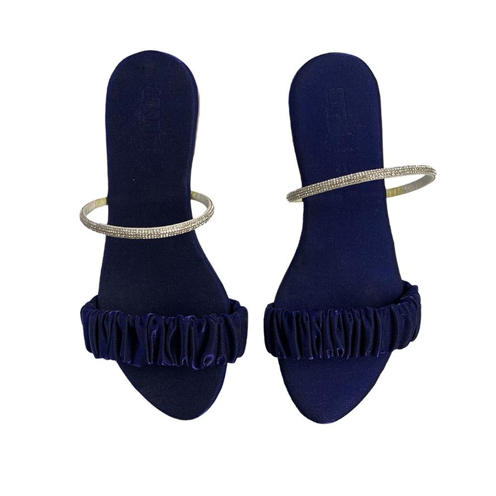 Women's Navy Blue Rexine Flats with Rhinestone Strap