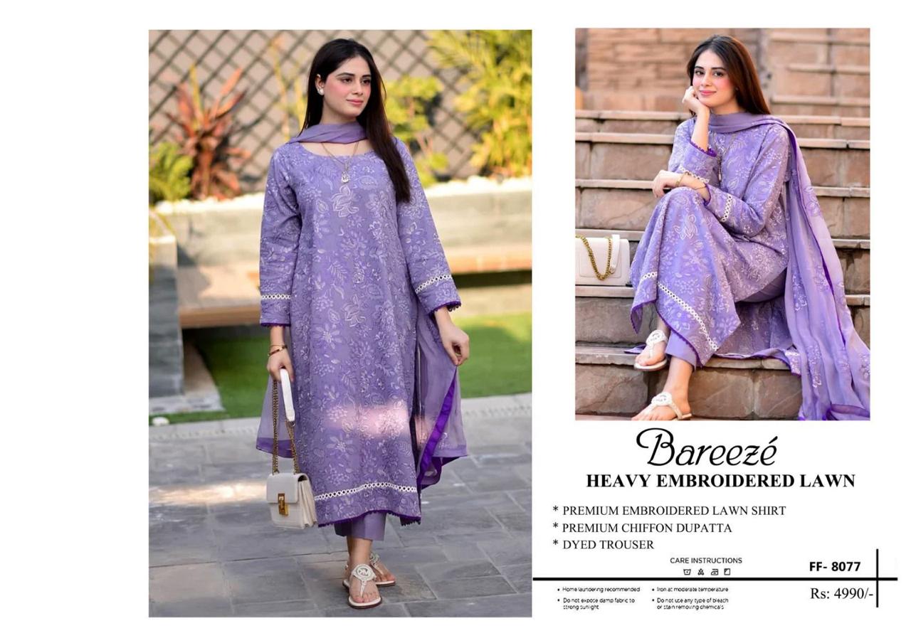 ```ALLHAMDULILLAH SUMMER COLLECTION ```               🍂*_BAREEZE 8077_*🍂   Summer Hit Codes Stuff: Best Quality Airjet Lawn 90/70
