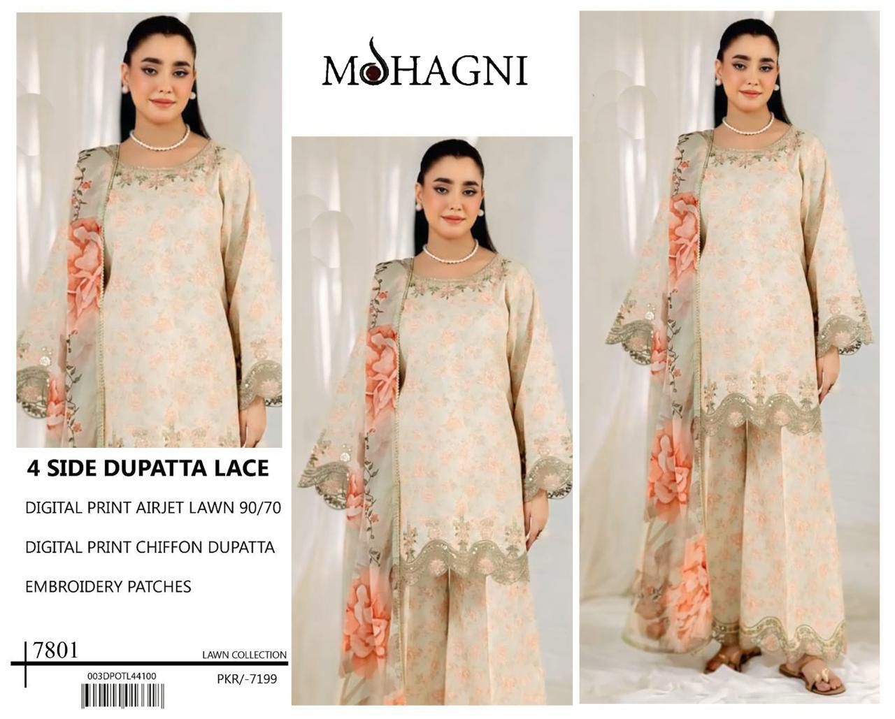Premium Digital Print Airjet Lawn (90/70) with an elegant 4-side lace chiffon dupatta
