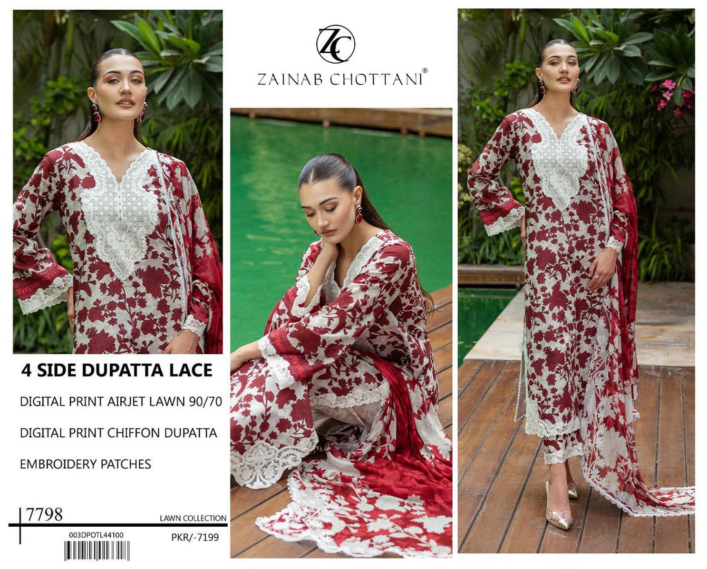 Premium Digital Print Airjet Lawn (90/70) with an elegant 4-side lace chiffon dupatta