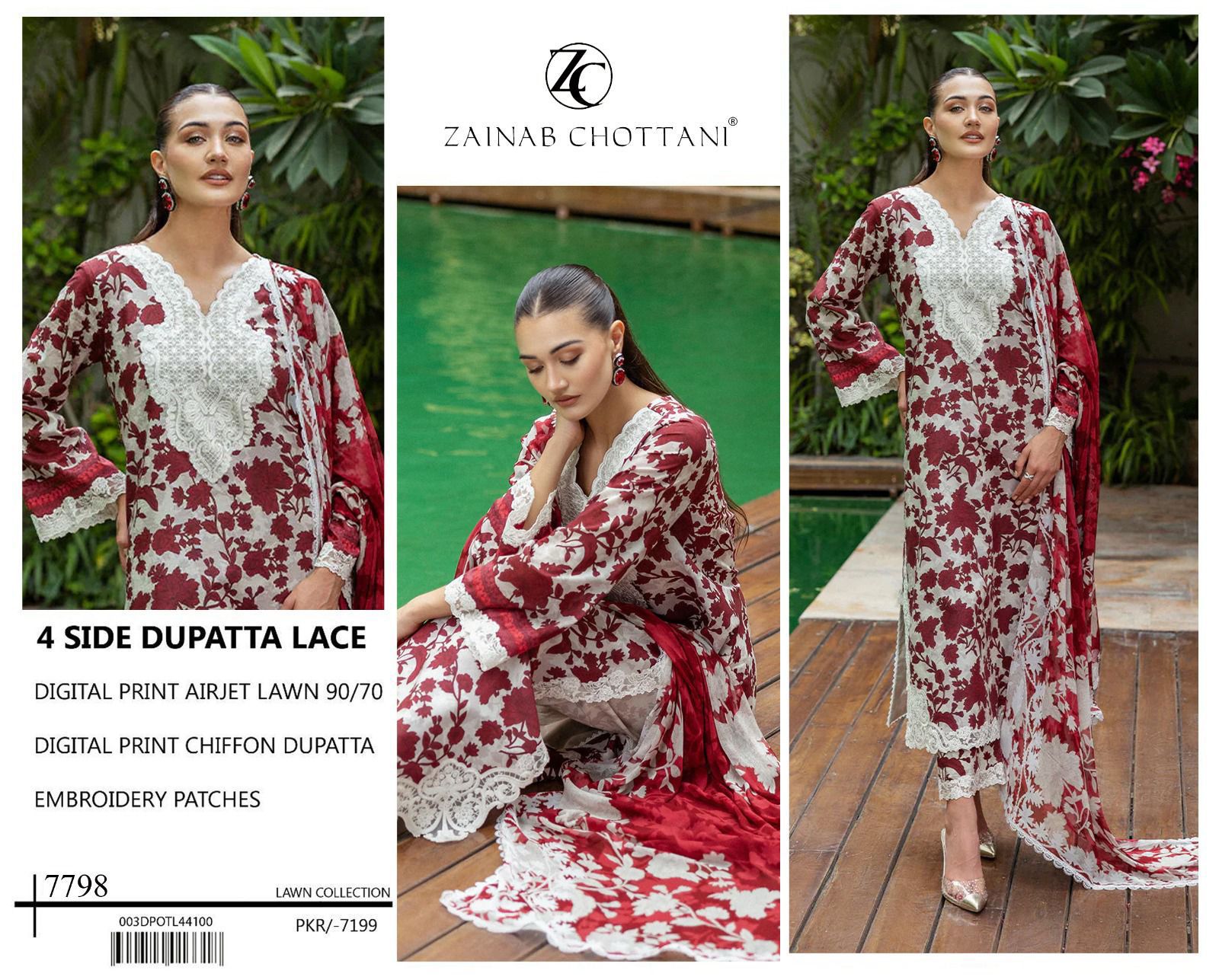 Premium Digital Print Airjet Lawn (90/70) with an elegant 4-side lace chiffon dupatta
