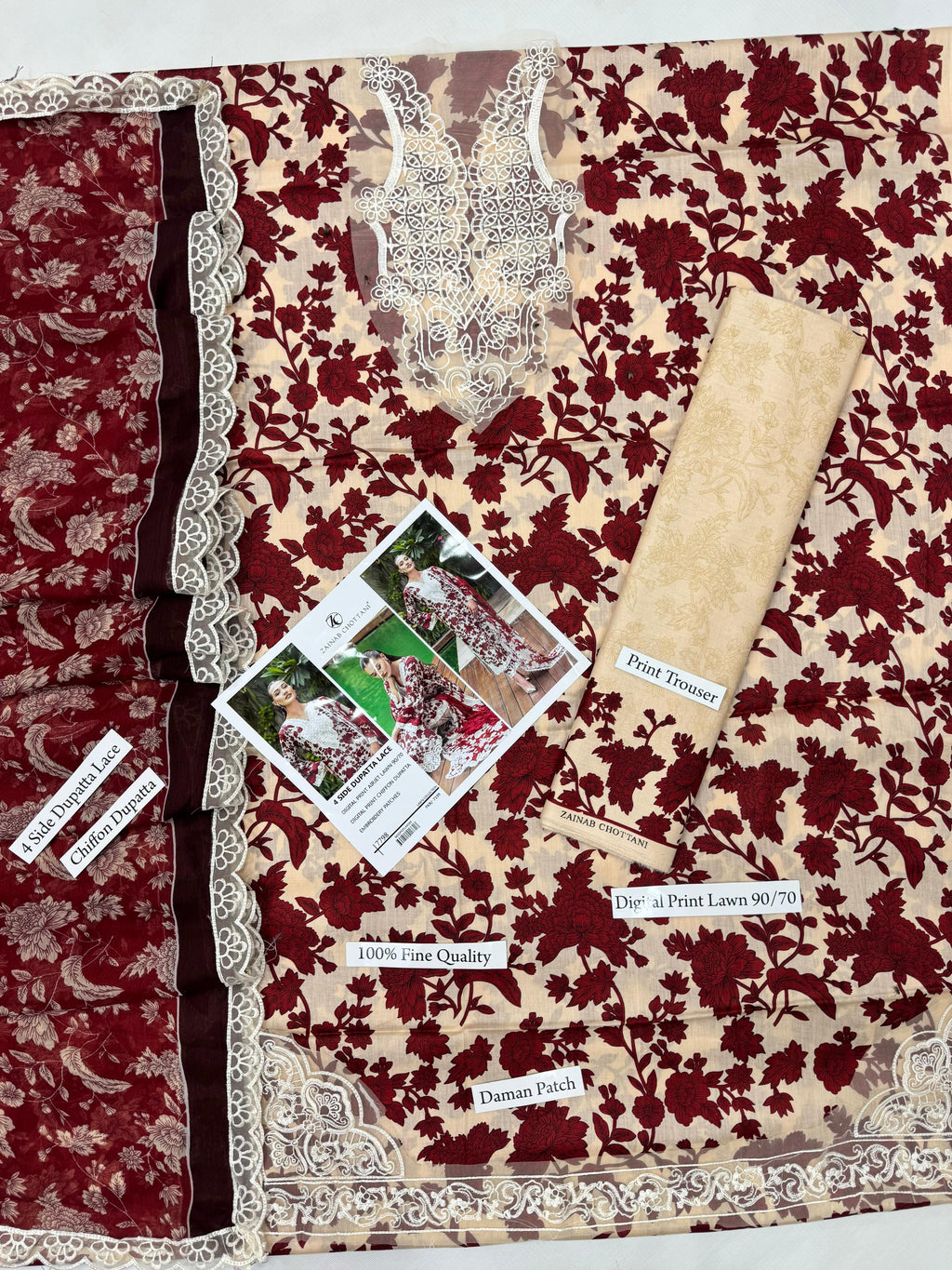 Premium Digital Print Airjet Lawn (90/70) with an elegant 4-side lace chiffon dupatta