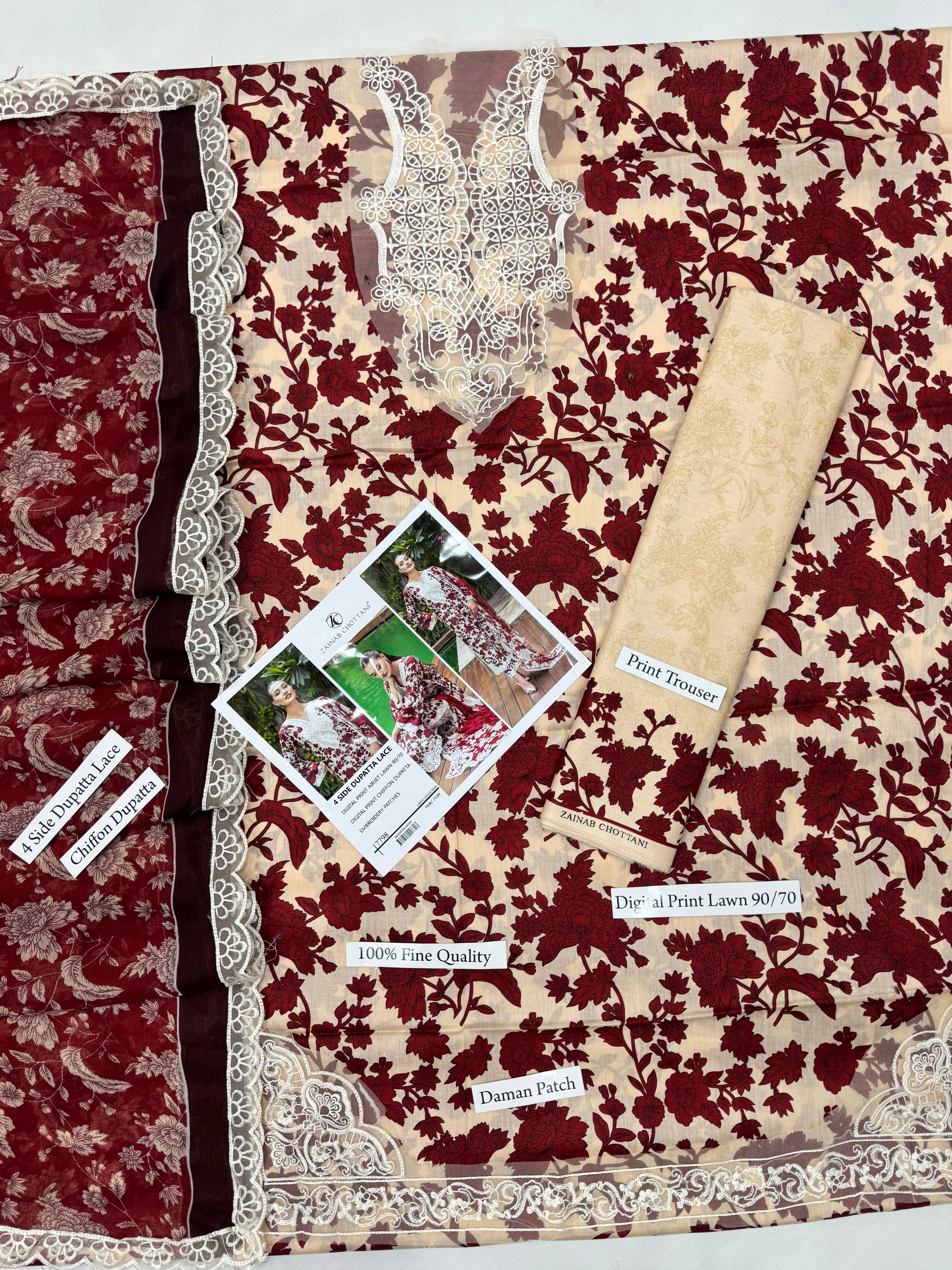 Premium Digital Print Airjet Lawn (90/70) with an elegant 4-side lace chiffon dupatta