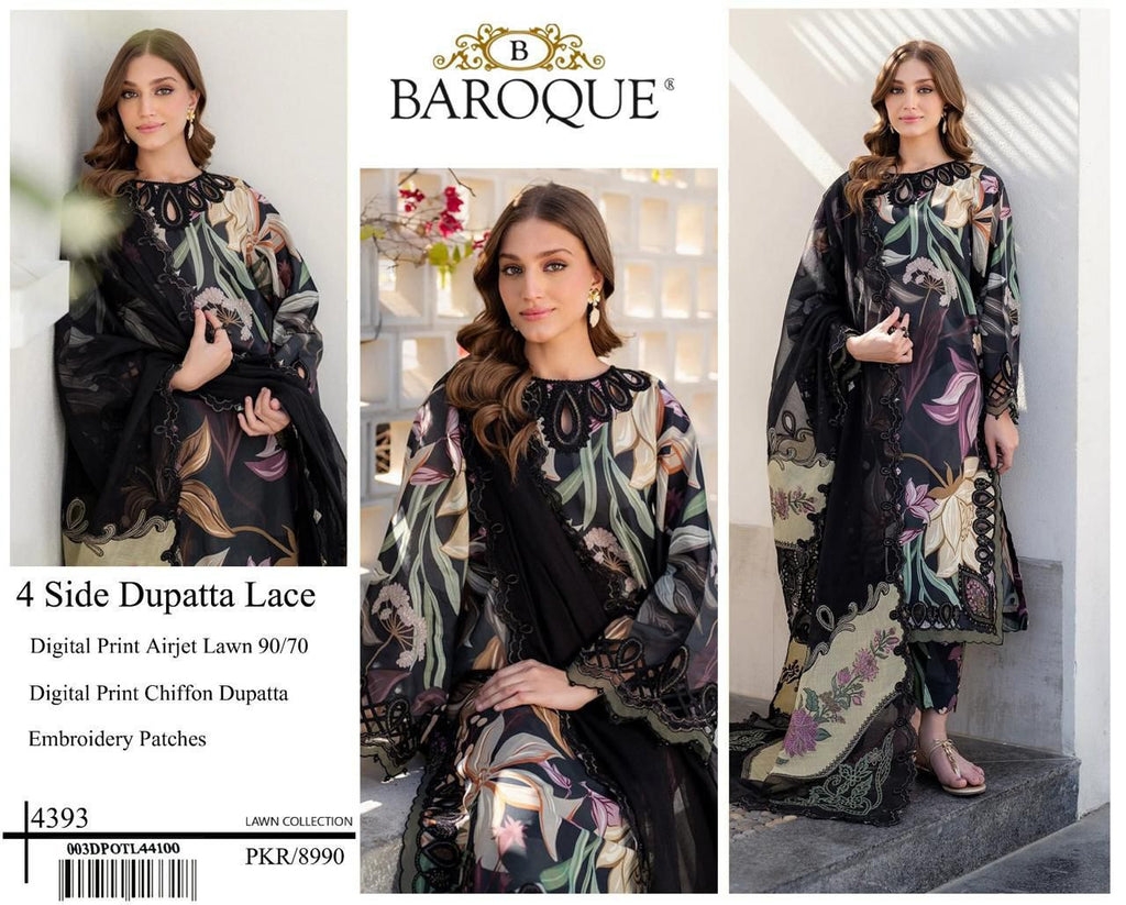Premium Digital Print Airjet Lawn (90/70) with an elegant 4-side lace chiffon dupatta
