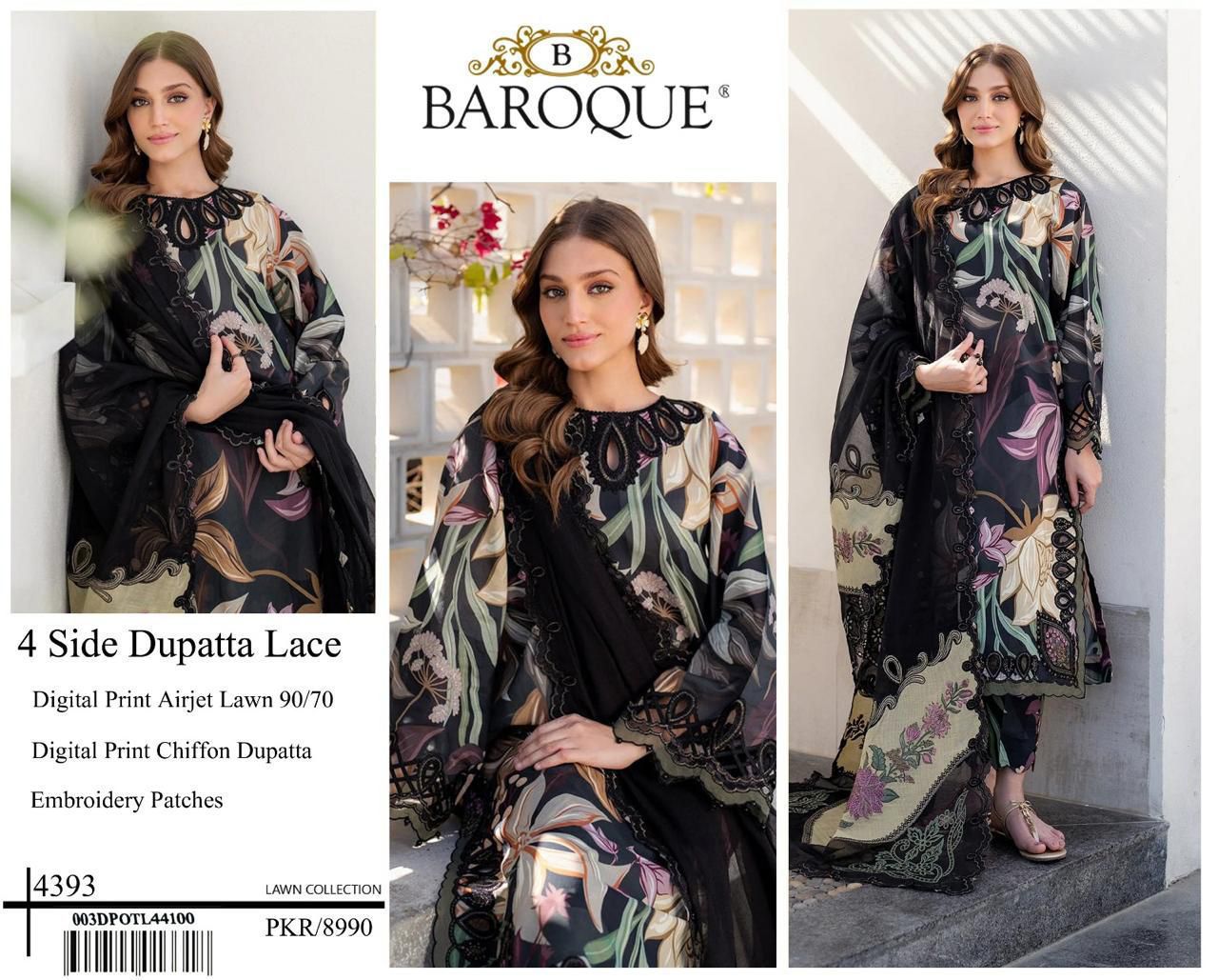 Premium Digital Print Airjet Lawn (90/70) with an elegant 4-side lace chiffon dupatta