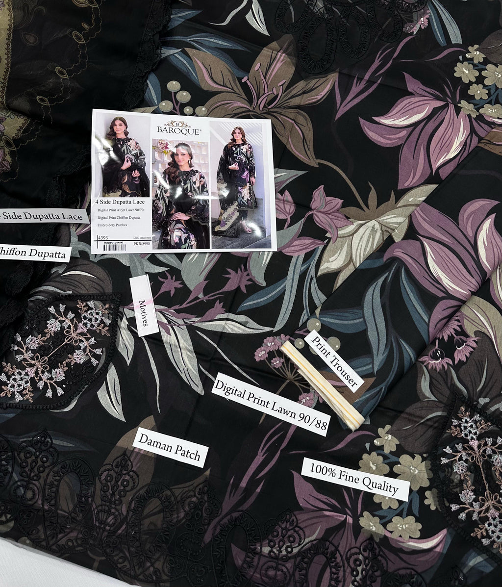 Premium Digital Print Airjet Lawn (90/70) with an elegant 4-side lace chiffon dupatta