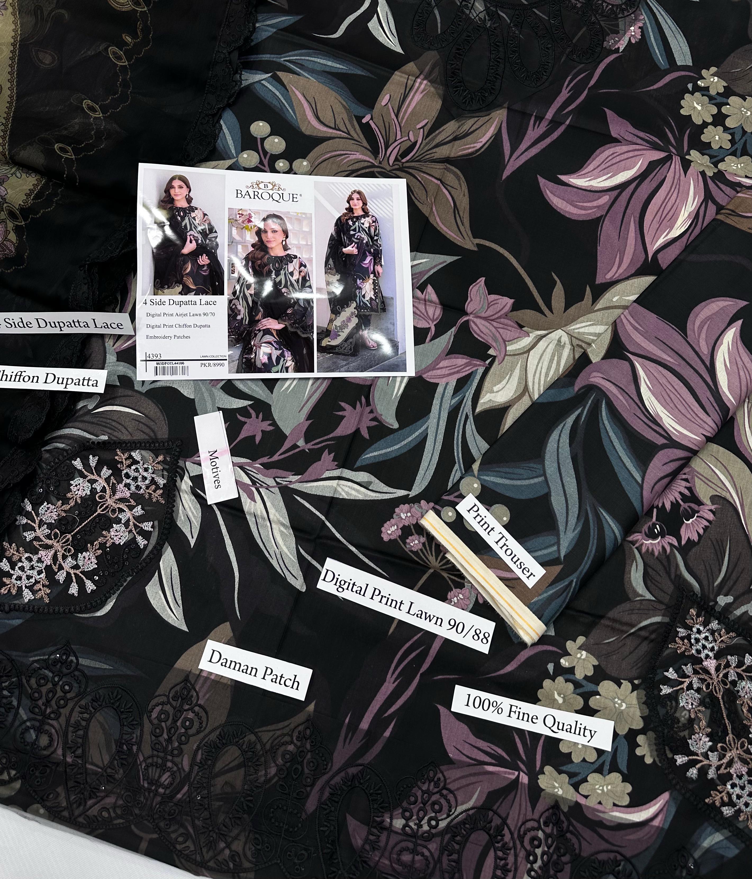 Premium Digital Print Airjet Lawn (90/70) with an elegant 4-side lace chiffon dupatta