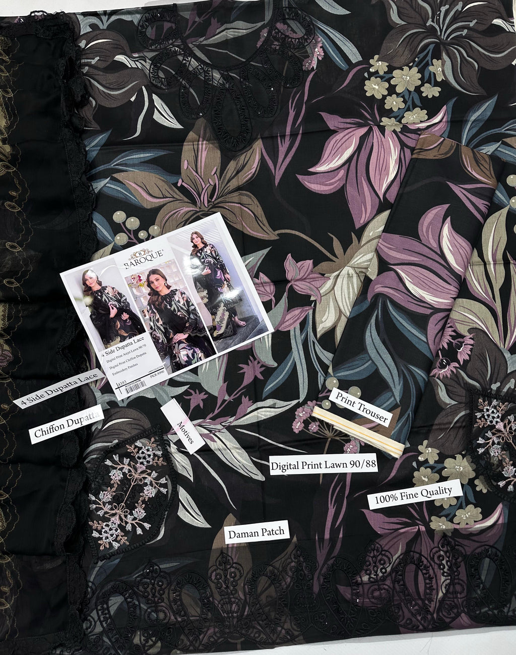 Premium Digital Print Airjet Lawn (90/70) with an elegant 4-side lace chiffon dupatta