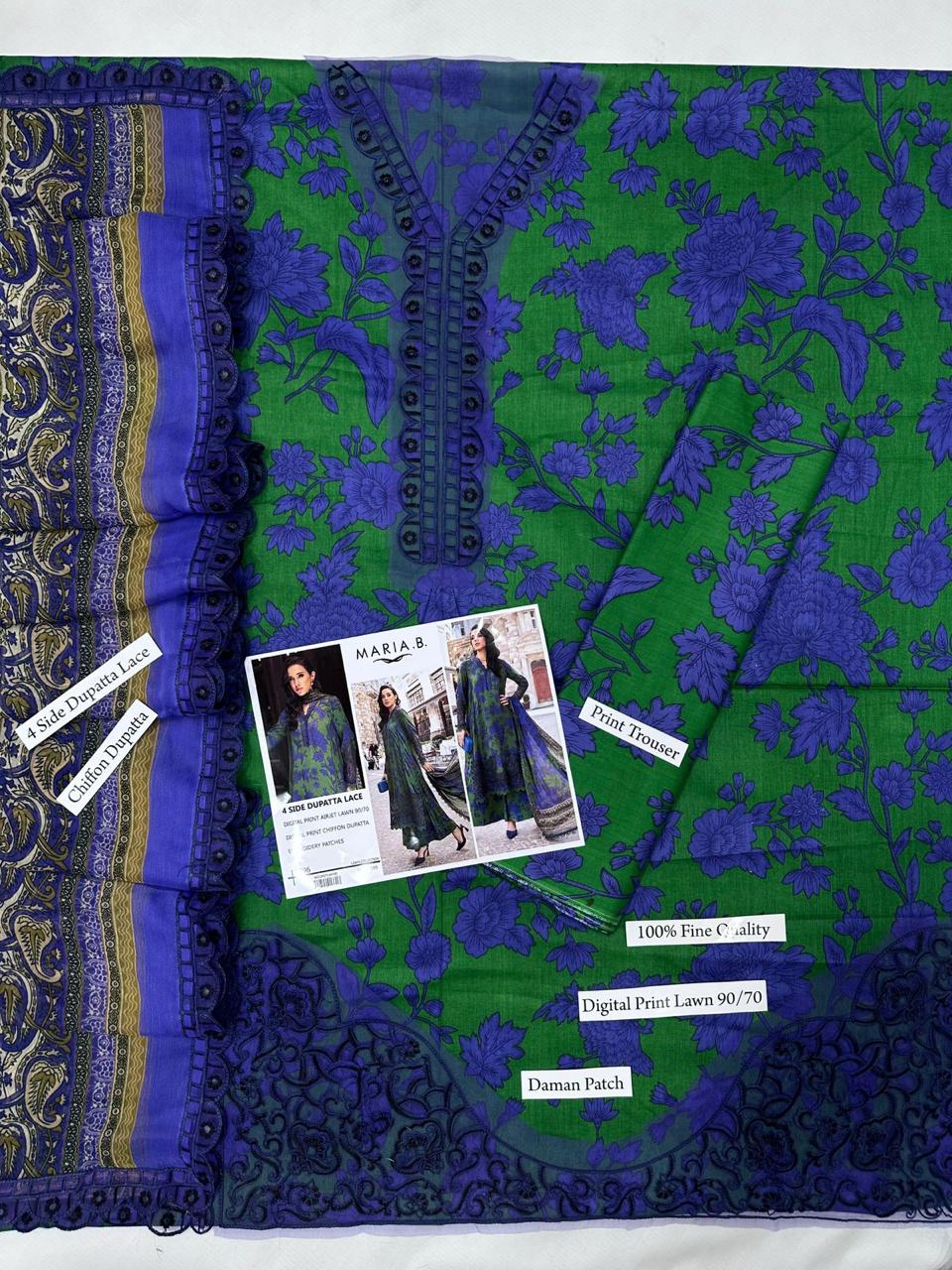 Premium Digital Print Airjet Lawn (90/70) with an elegant 4-side lace chiffon dupatta