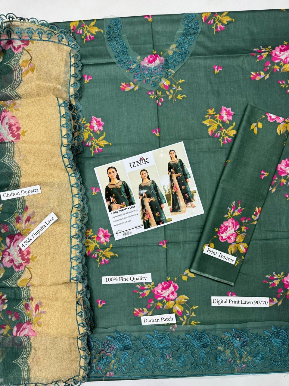 Premium Digital Print Airjet Lawn (90/70) with an elegant 4-side lace chiffon dupatta