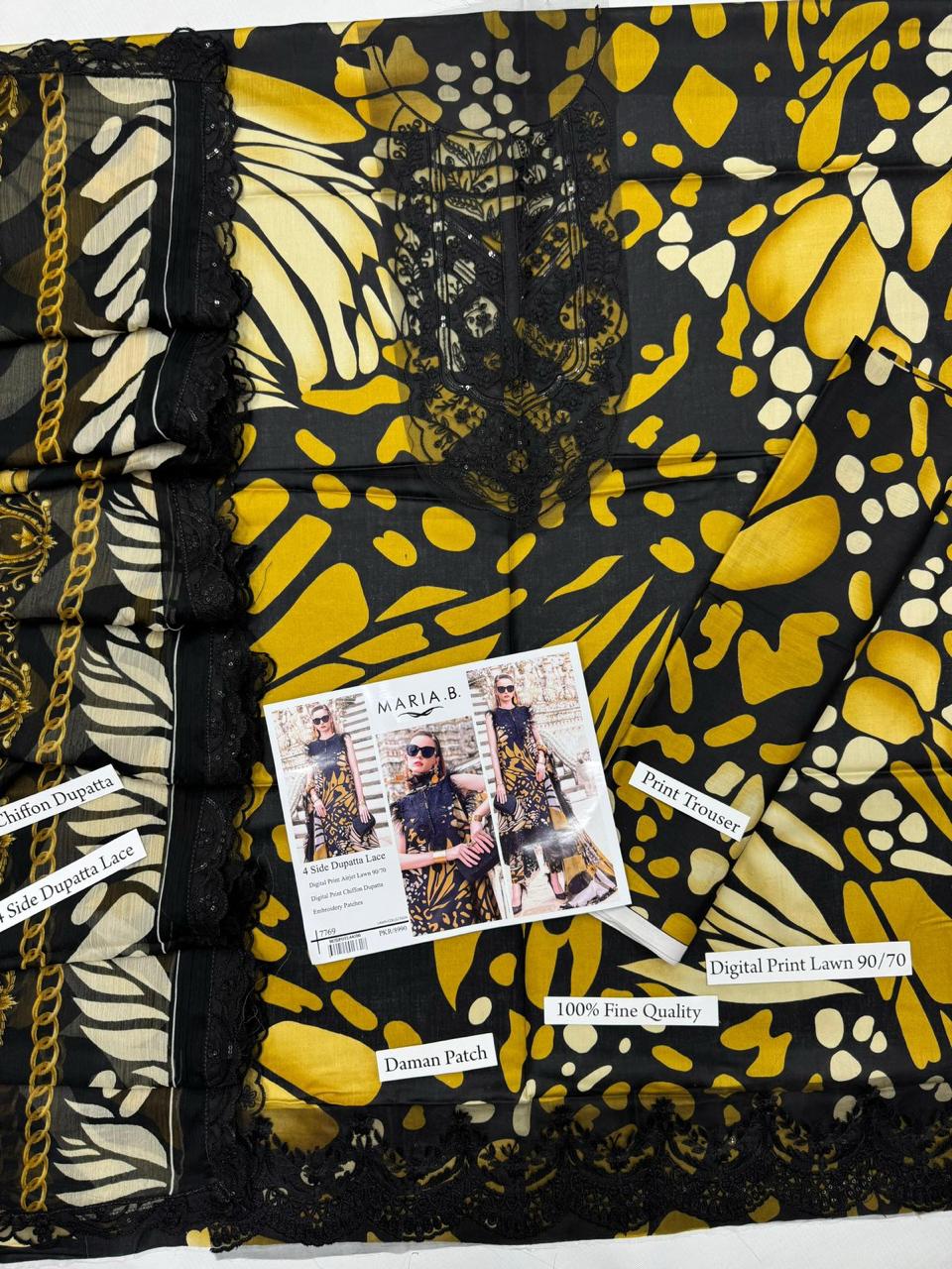 Premium Digital Print Airjet Lawn (90/70) with an elegant 4-side lace chiffon dupatta