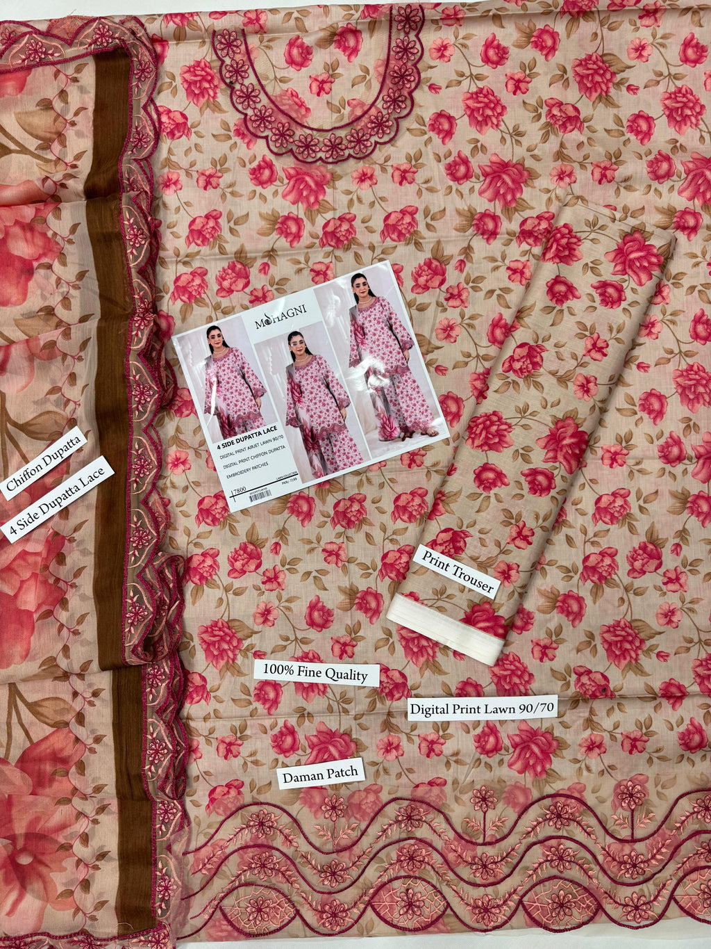 Premium Digital Print Airjet Lawn (90/70) with an elegant 4-side lace chiffon dupatta