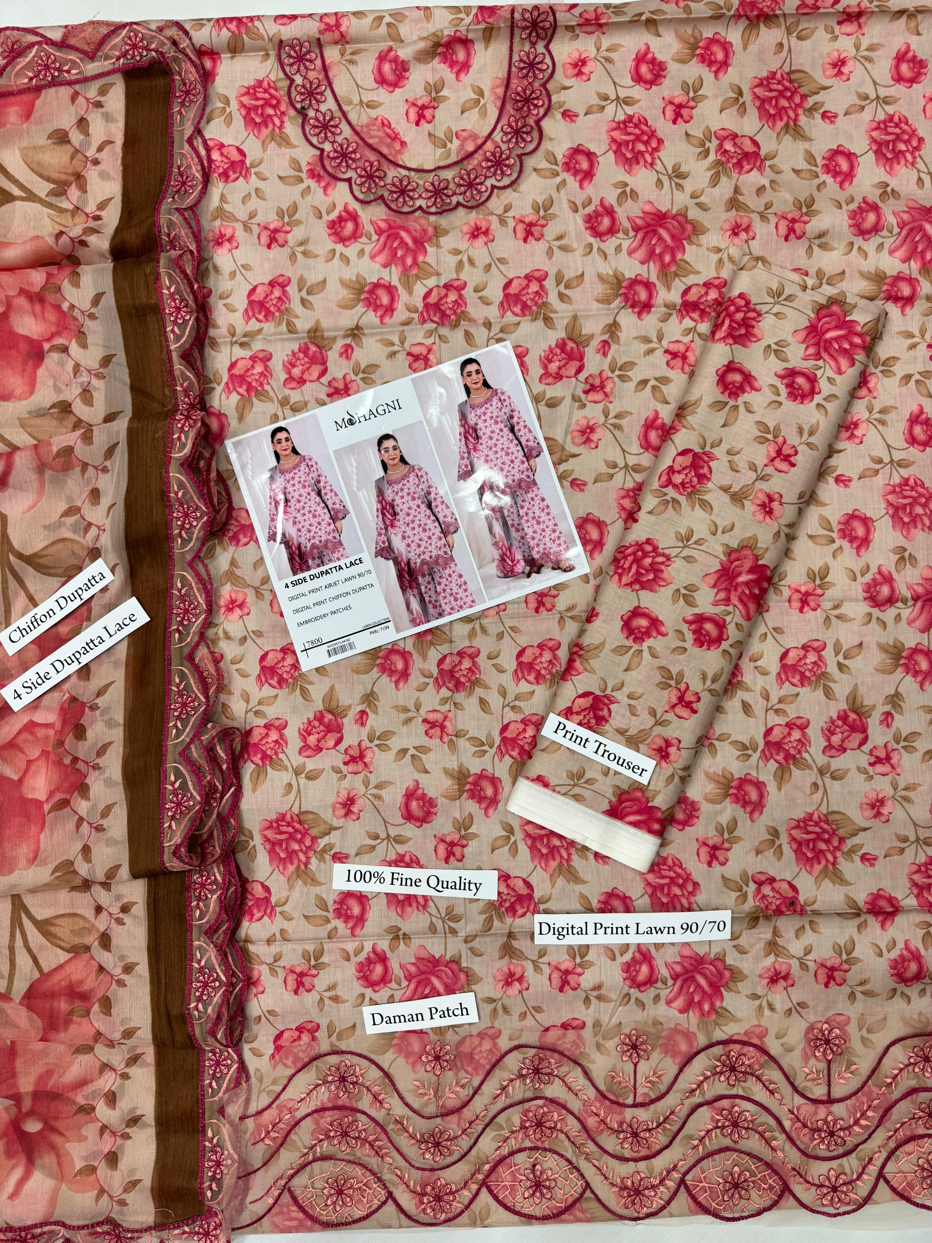 Premium Digital Print Airjet Lawn (90/70) with an elegant 4-side lace chiffon dupatta