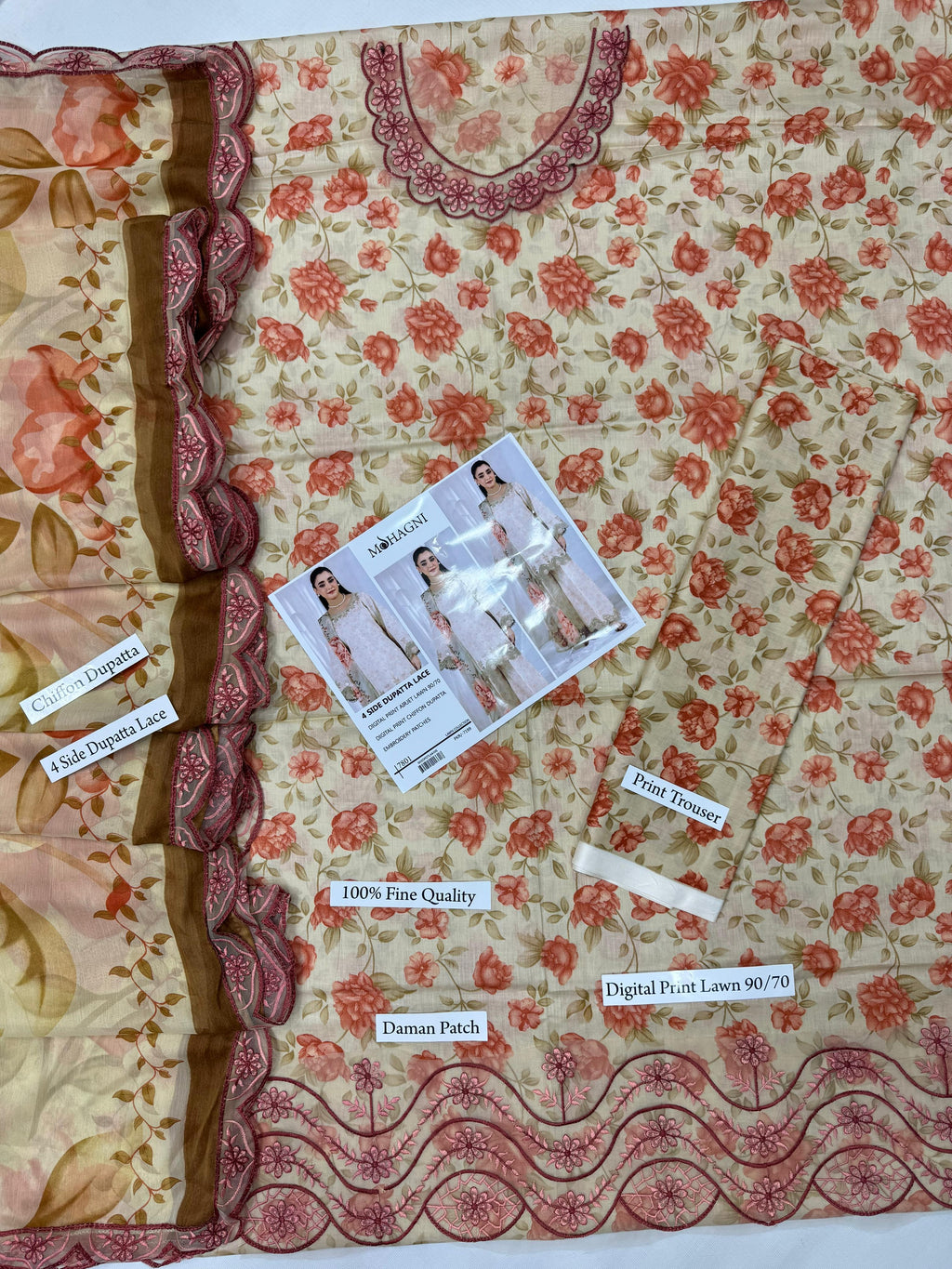 Premium Digital Print Airjet Lawn (90/70) with an elegant 4-side lace chiffon dupatta