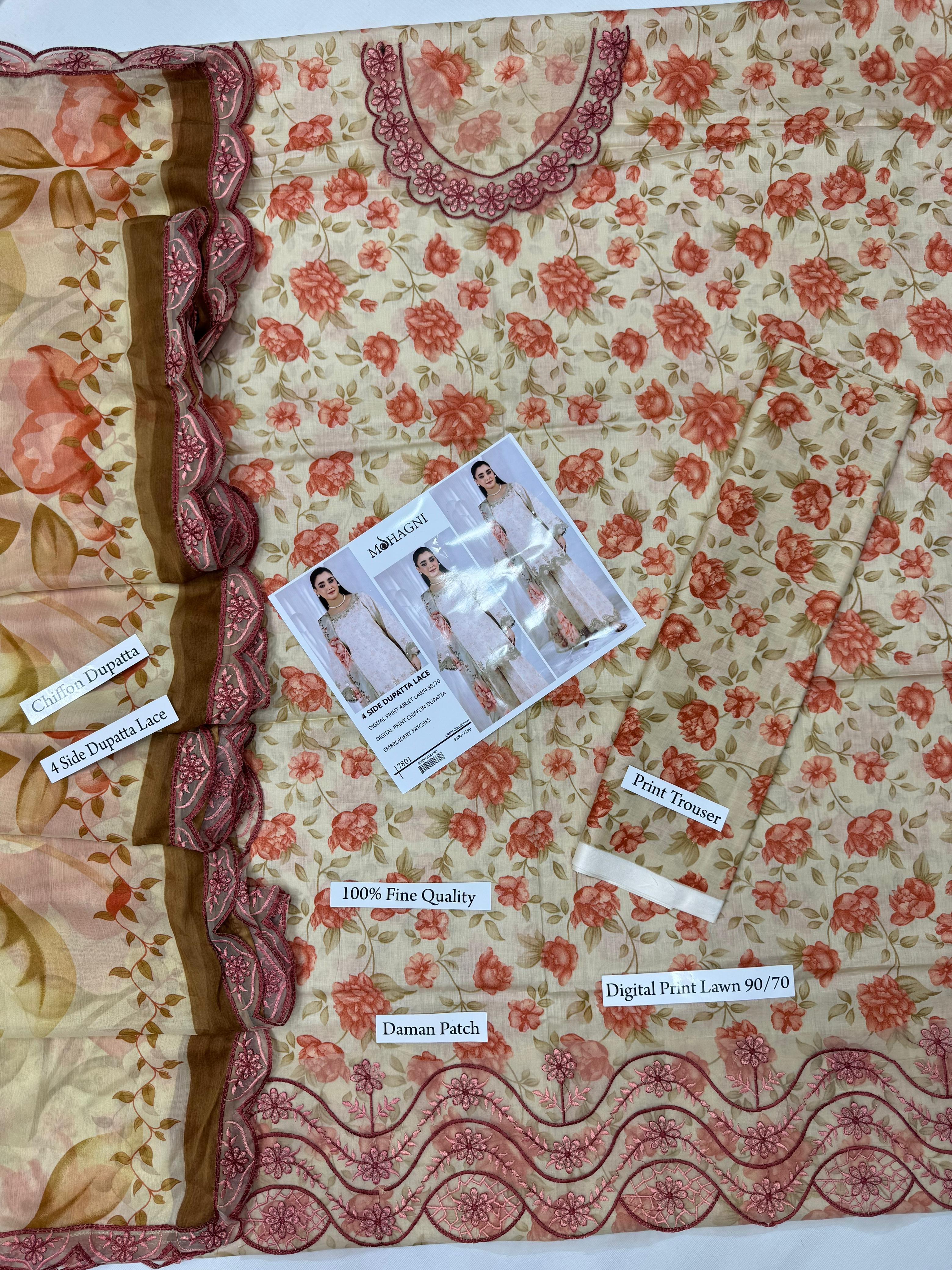Premium Digital Print Airjet Lawn (90/70) with an elegant 4-side lace chiffon dupatta